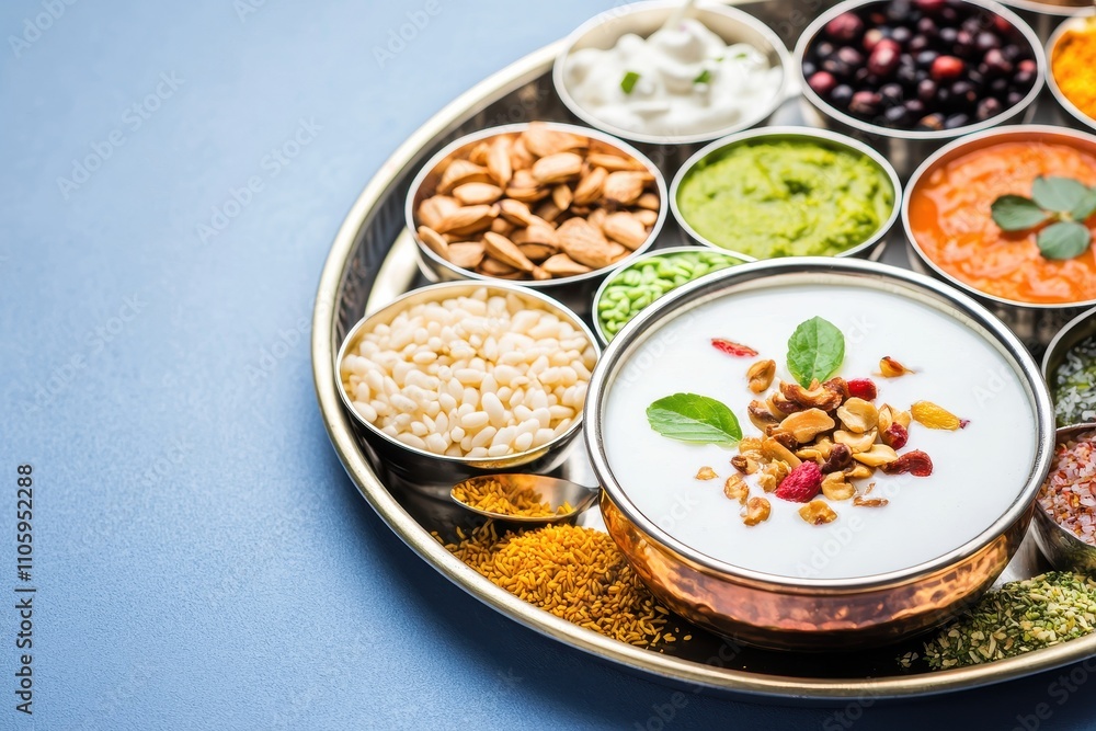 Colorful Indian Food Platter with Yogurt, Nuts, and Spices Colorful Indian Food Platter with Yogurt, Nuts, and Spices