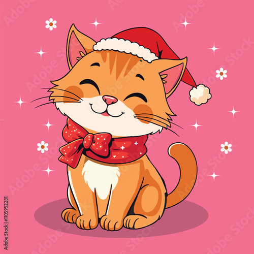 Festive Feline Delight: A cheerful illustration of a ginger cat, adorned with a Santa hat and scarf, embodies the essence of festive cheer and holiday joy. 