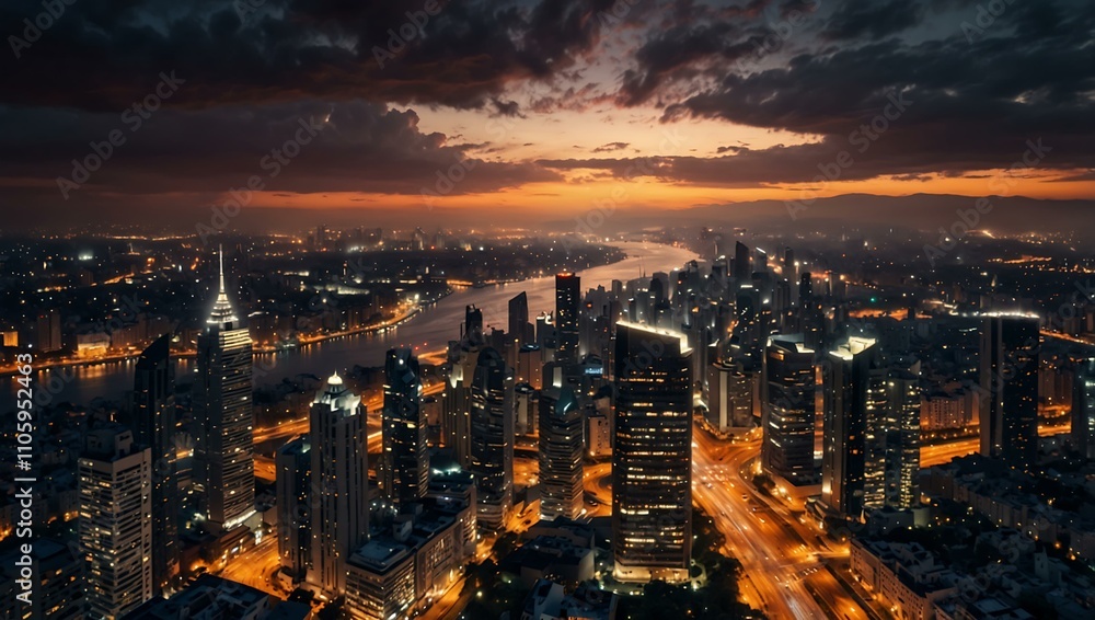 Fototapeta premium Dramatic cityscape at sunset with night lights.
