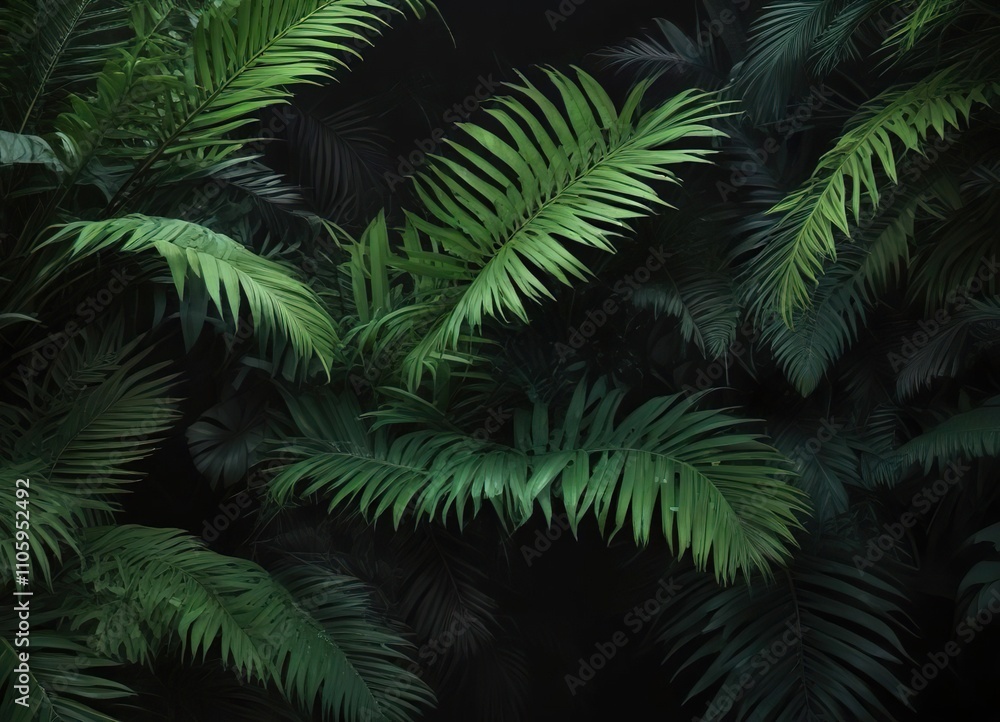 Obraz premium Vivid green palm leaves on dark background in a garden, jungle, garden, green