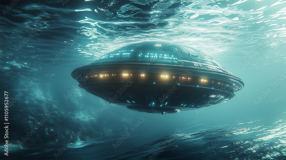 A high-tech UFO submerged partially in the ocean, its lights illuminating the surrounding water with an ethereal glow A high-tech UFO submerged partially in the ocean, its lights illuminating the surrounding water with an ethereal glow
