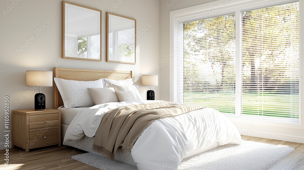 Fototapeta premium Bright and Cozy Bedroom with Modern Décor and Natural Light from Windows