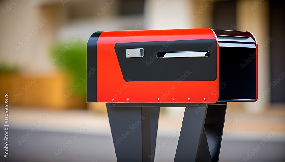Modern metal mailbox with red and black design, iconic structure in urban street Modern metal mailbox with red and black design, iconic structure in urban street