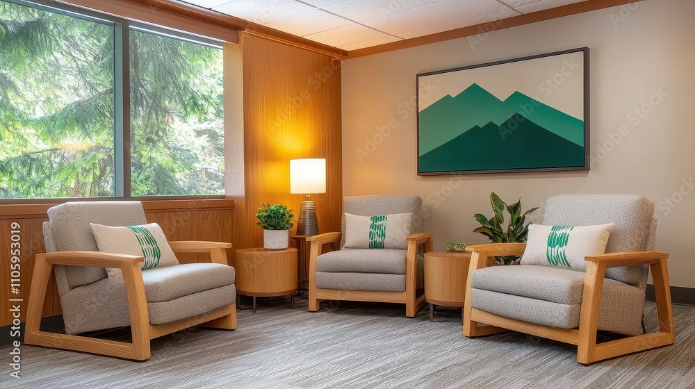 Fototapeta premium Cozy Modern Living Room with Stylish Chairs, Plant, and Mountain Artwork