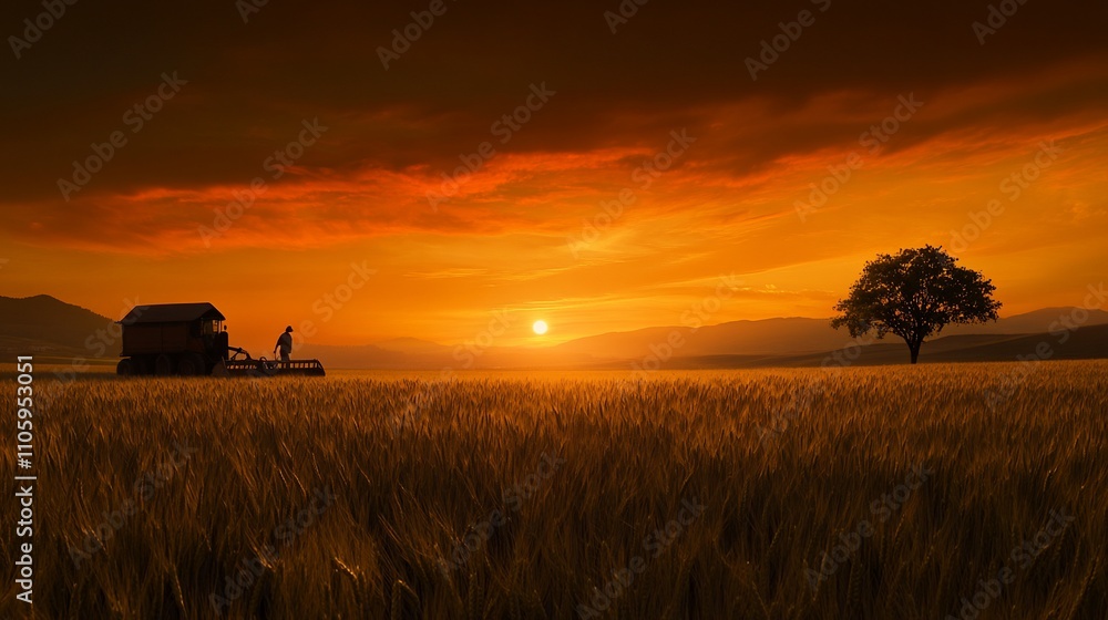 Silhouette of farmer working in a golden wheat field at vibrant sunset. Silhouette of farmer working in a golden wheat field at vibrant sunset.