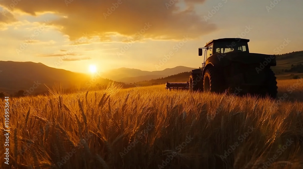 Fototapeta premium Silhouette of tractor in golden wheat field at sunset.