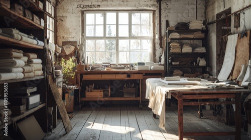 Rustic Handmade Workspace Filled with Authentic Materials and Crafting Tools in Natural Light