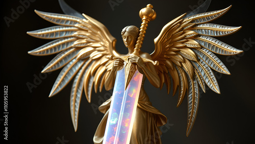 a swordlike statue with wings and an opalescent blade, gold gilded photo