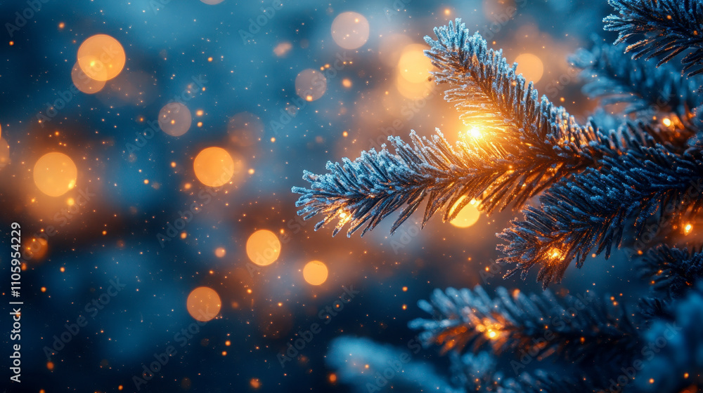 Fototapeta premium Christmas background showing snowy fir tree branches with blurred lights glowing