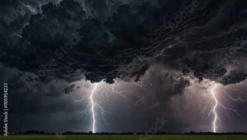 Dramatic thunderstorm with lightning striking dark clouds