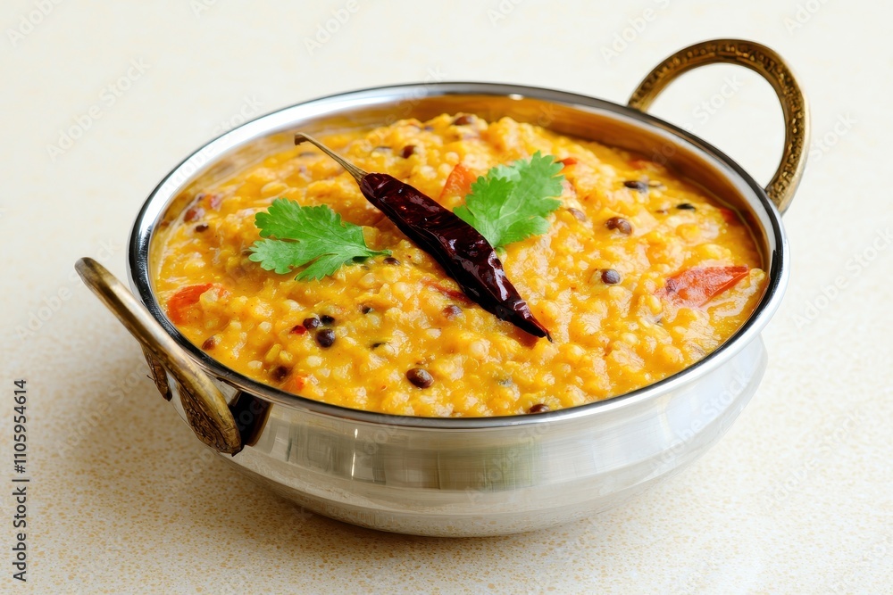Delicious Yellow Lentil Dish in Metal Bowl with Spices and Herbs Delicious Yellow Lentil Dish in Metal Bowl with Spices and Herbs
