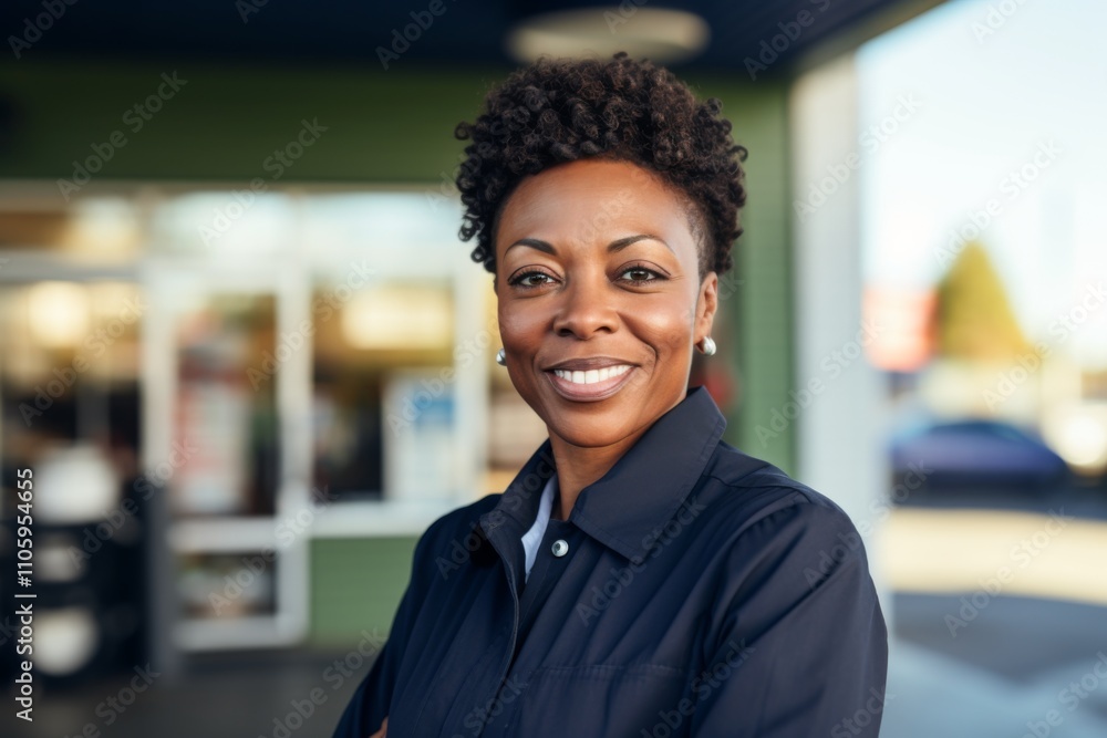 Fototapeta premium Portrait of a middle aged African American female worker at gas station