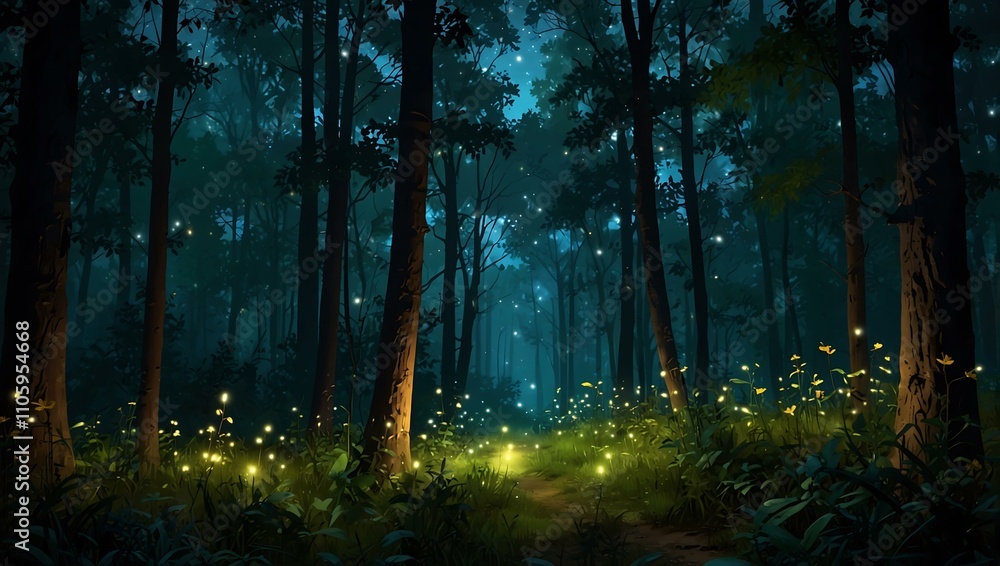Fototapeta premium Dreamlike forest with fireflies.