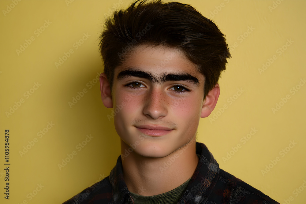 Portrait of a teenage boy with freckles and dark hair, smiling gently against a yellow background. He's wearing a plaid shirt. Portrait of a teenage boy with freckles and dark hair, smiling gently against a yellow background. He's wearing a plaid shirt.