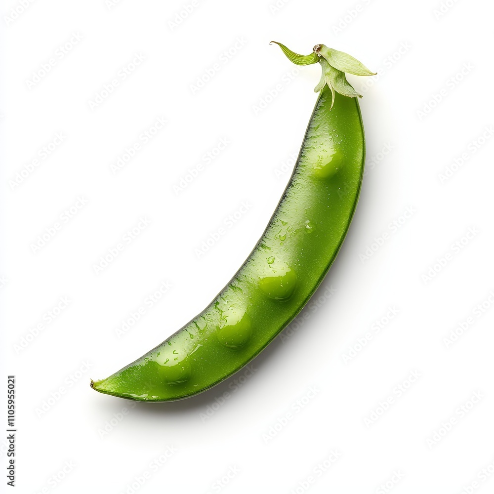 Bright Green Sugar Snap Pea Pod with Visible Peas on White Background Bright Green Sugar Snap Pea Pod with Visible Peas on White Background