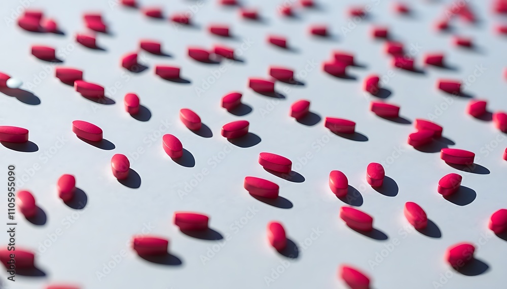 Red pills neatly arranged on a clear table Red pills neatly arranged on a clear table