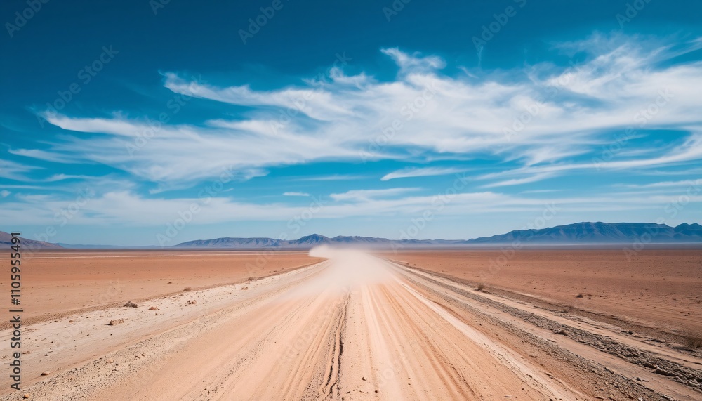 Dusty road stretching into a vast desert landscape under a vibrant blue sky. Dusty road stretching into a vast desert landscape under a vibrant blue sky.
