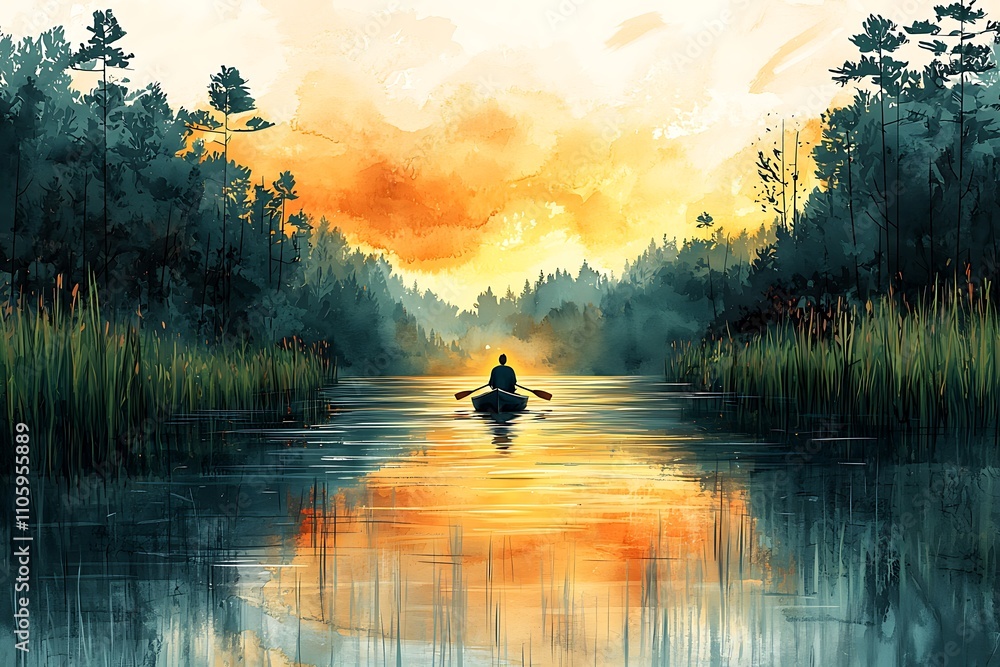 Serene Sunset A lone person rows a boat on a calm lake surrounded by lush forest at sunset. Serene Sunset A lone person rows a boat on a calm lake surrounded by lush forest at sunset.