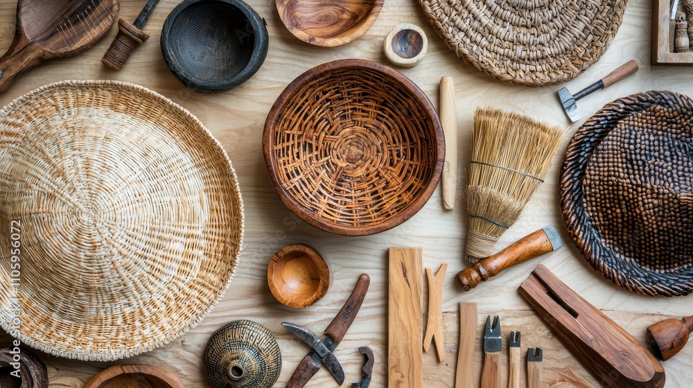 Authentic Handmade Craft Items and Tools Displayed on Wooden Table for Artisans and Crafters Authentic Handmade Craft Items and Tools Displayed on Wooden Table for Artisans and Crafters