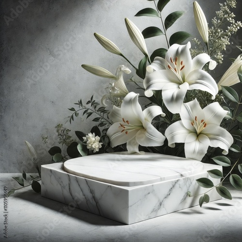  Marble Pedestal Framed with Lilies and Greenery1