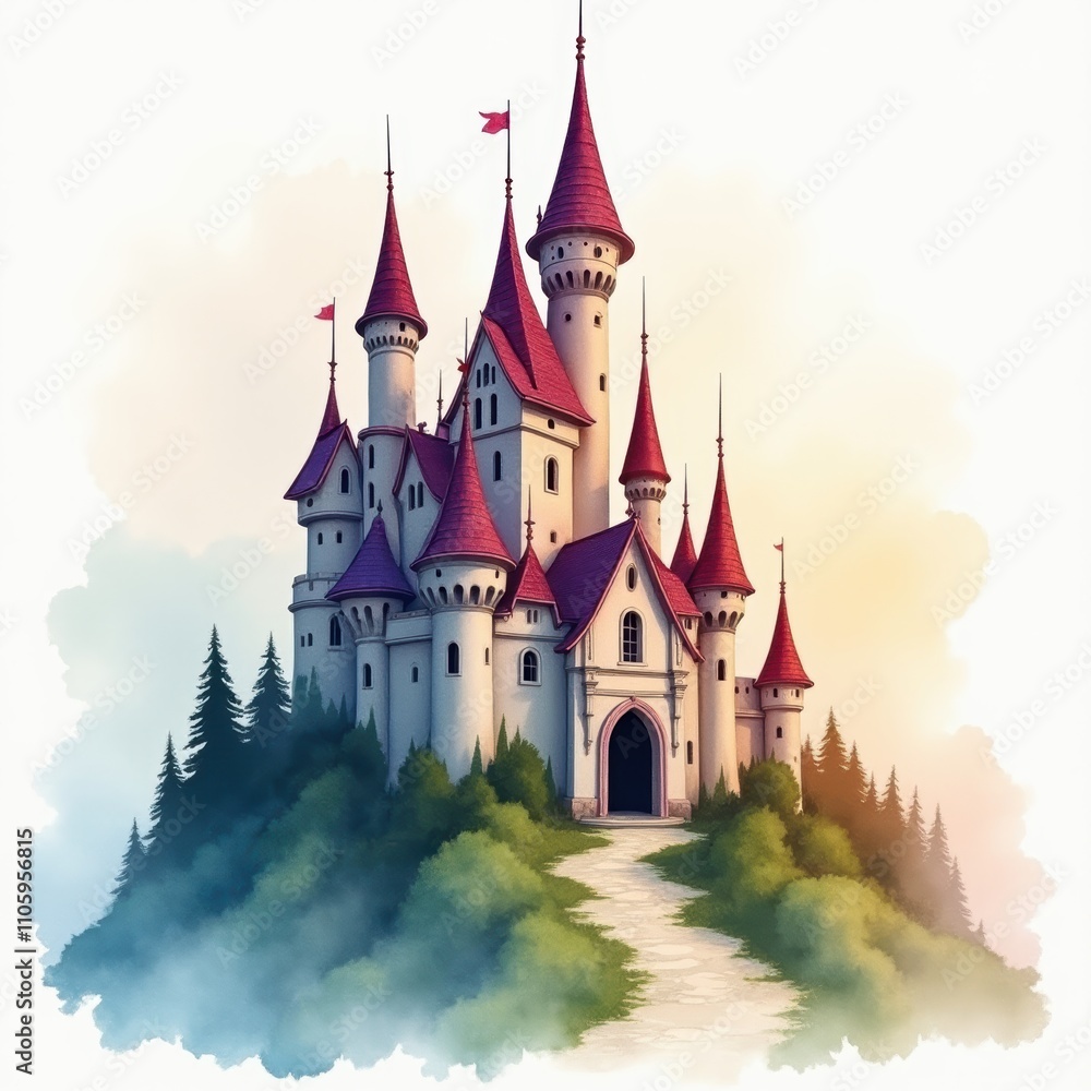 A whimsical watercolor depiction of a grand and magical fantasy castle in a mystical setting. A whimsical watercolor depiction of a grand and magical fantasy castle in a mystical setting.