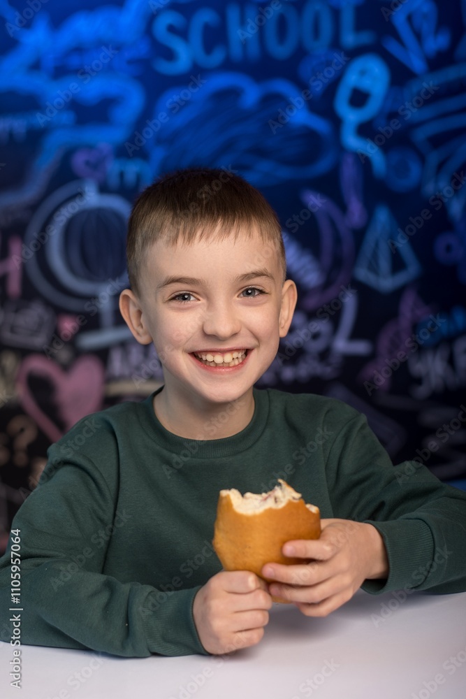 Child eating a sandwich in front of a vibrant chalkboard with school-related doodles. Ideal for educational, lunchtime, and childhood themes Child eating a sandwich in front of a vibrant chalkboard with school-related doodles. Ideal for educational, lunchtime, and childhood themes