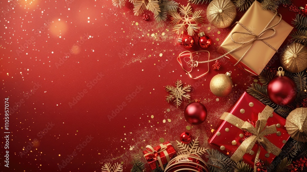 Classic Christmas theme with red and gold ornaments, snowflakes, and presents. Vintage holiday card layout, festive banner concept. Classic Christmas theme with red and gold ornaments, snowflakes, and presents. Vintage holiday card layout, festive banner concept.