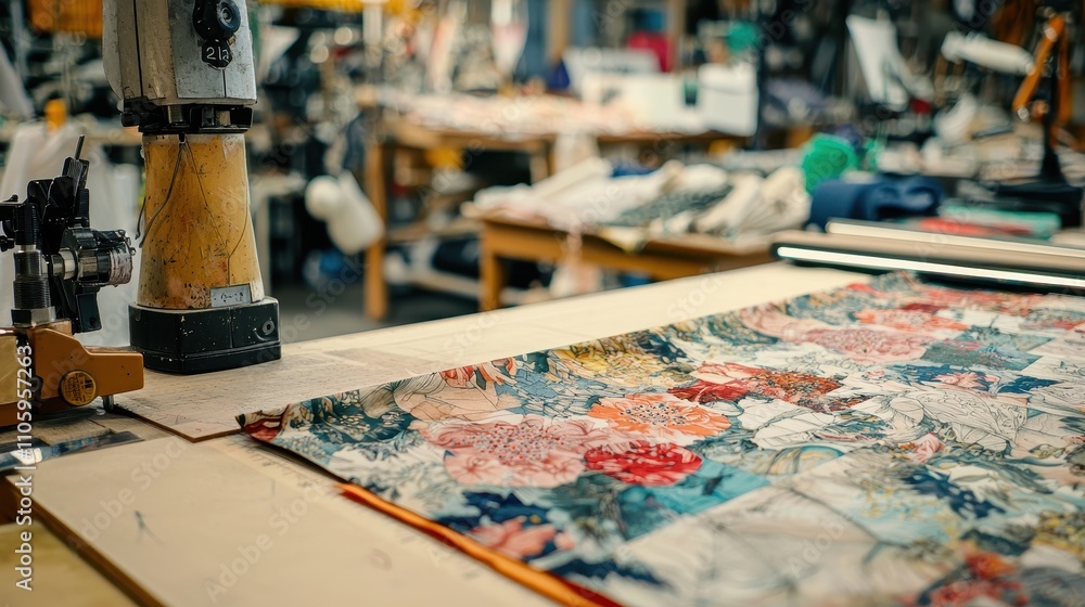 Custom Handmade Fabric Pieces Displayed on a Cutting Table in a Craft Workshop Custom Handmade Fabric Pieces Displayed on a Cutting Table in a Craft Workshop