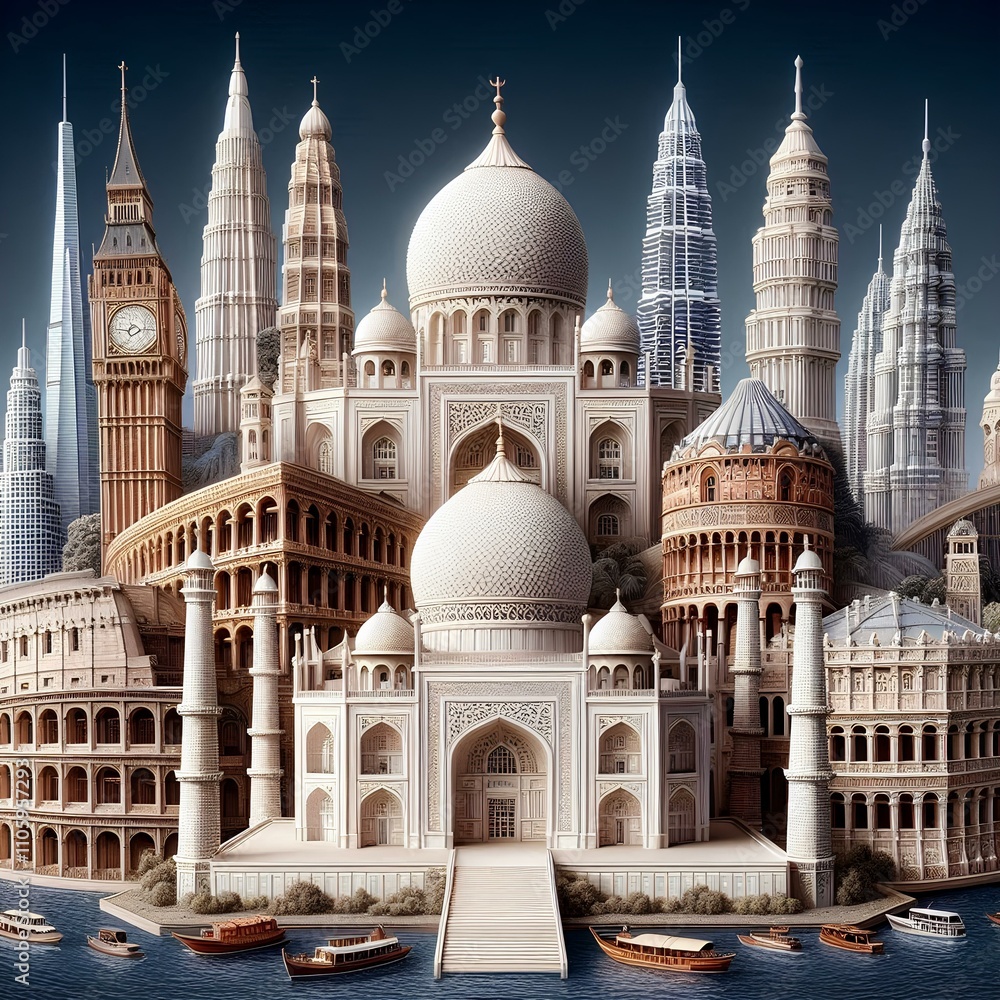 Obraz premium Iconic Landmarks Collage with Taj Mahal and Global Architecture