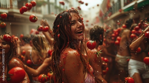 Tomato Festival in Spain. Tomato fights on the street in a Spanish city photo