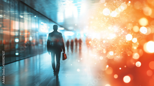 Businessman walking towards bright future light at the end of office corridor, business success concept