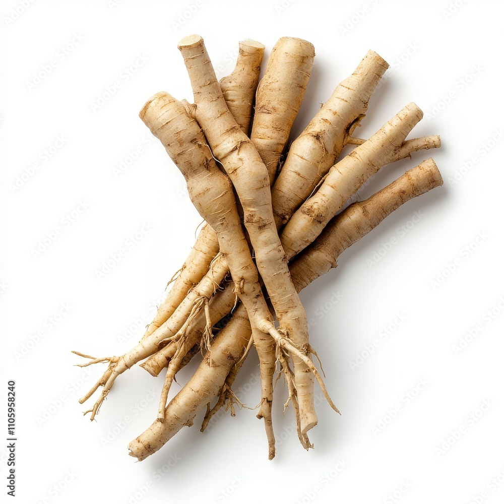 A Group of Pueraria Roots with Smooth Pale Brown Skin on a White Background A Group of Pueraria Roots with Smooth Pale Brown Skin on a White Background