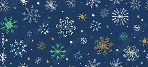 seamless pattern features delicate white snowflakes of various intricate designs scattered on a soft blue background, creating a winter-themed aesthetic.