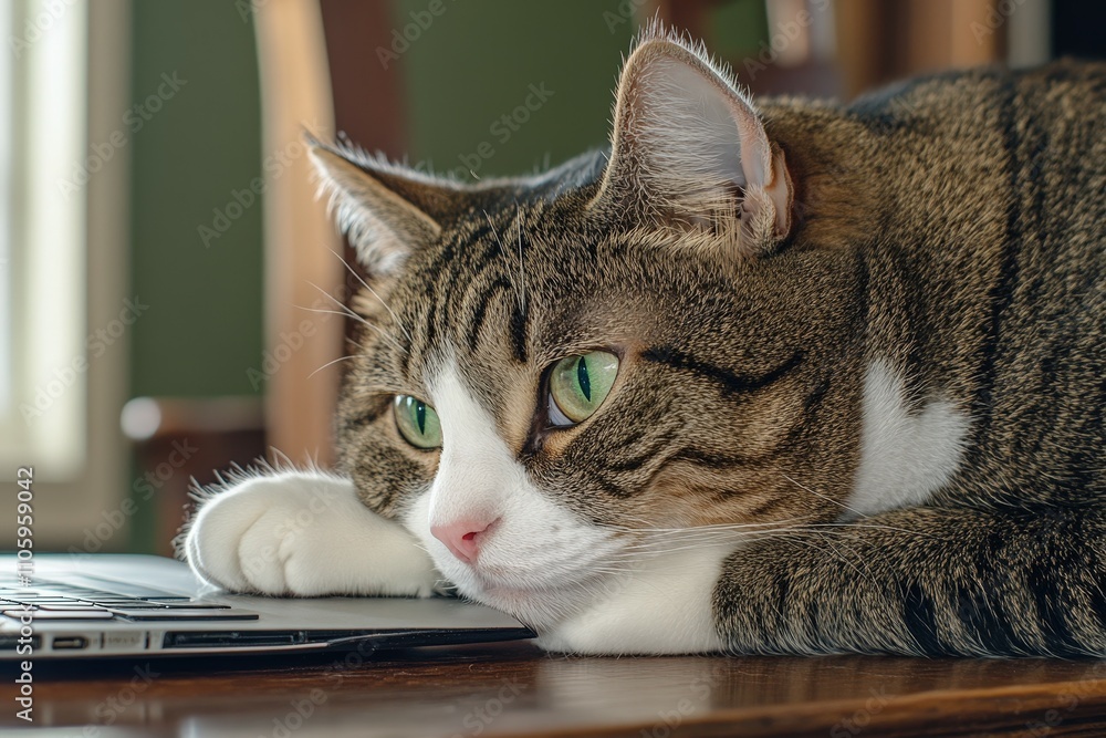 Cat Table Home - A gray tabby cat sits on a table in a home, staring intently at the camera.. Beautiful simple AI generated image Cat Table Home - A gray tabby cat sits on a table in a home, staring intently at the camera.. Beautiful simple AI generated image