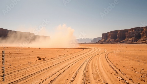 Off road tire tracks in a vast desert landscape.