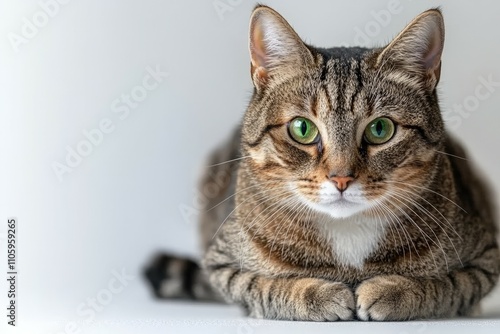 Cat Table Home - A gray tabby cat sits on a table in a home, staring intently at the camera.. Beautiful simple AI generated image