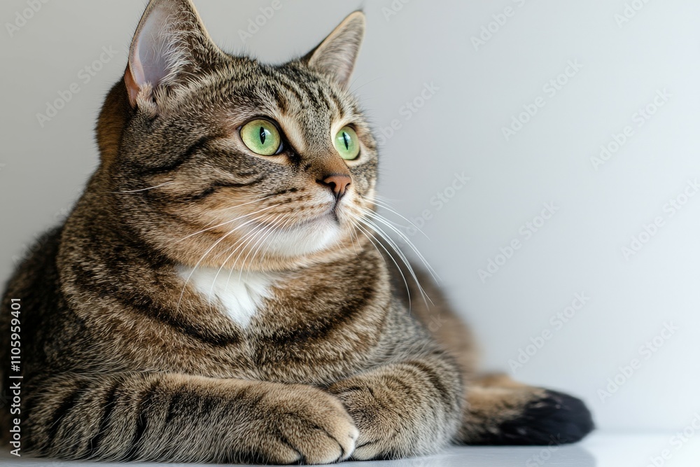 Cat Table Home - A gray tabby cat sits on a table in a home, staring intently at the camera.. Beautiful simple AI generated image