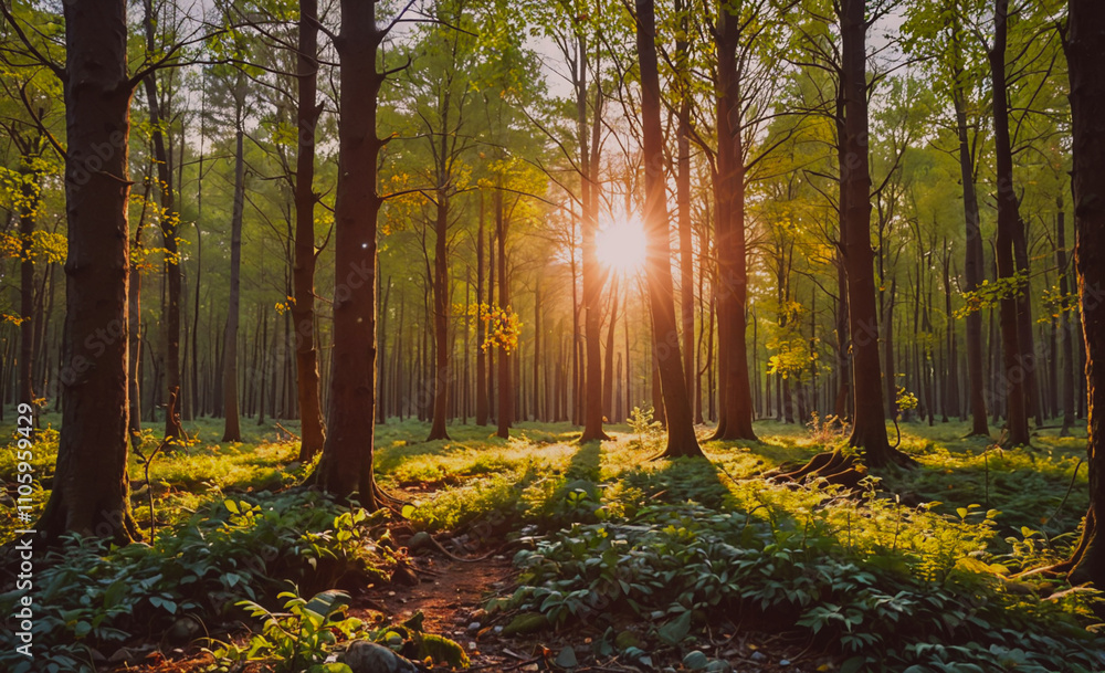 Obraz premium Forest with a sun shining through the trees. The sun is in the sky and the trees are green