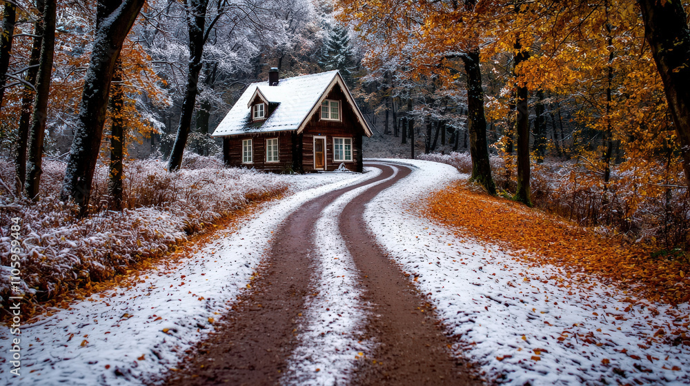 Fototapeta premium snow dusted forest path leads to cozy wooden cabin surrounded by autumn foliage. winding road invites exploration in this serene winter landscape