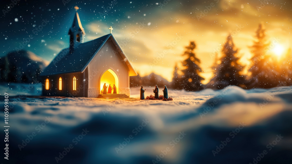 snow covered church glows warmly at sunset, surrounded by trees and snow. scene evokes peaceful holiday atmosphere, inviting reflection and joy snow covered church glows warmly at sunset, surrounded by trees and snow. scene evokes peaceful holiday atmosphere, inviting reflection and joy