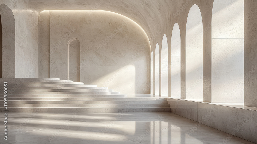 Obraz premium serene interior space featuring smooth, muted tones and elegant arches. soft light creates calming atmosphere, highlighting minimalist design and clean lines