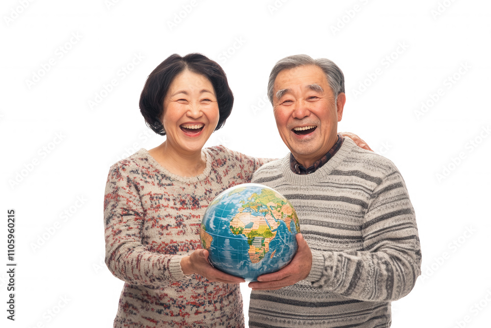 A joyful couple stands close together, both laughing and sharing a moment of happiness. They hold a colorful globe between them, symbolizing their love for travel and connection to the world, against A joyful couple stands close together, both laughing and sharing a moment of happiness. They hold a colorful globe between them, symbolizing their love for travel and connection to the world, against