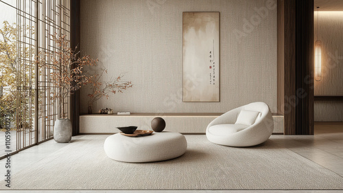 serene interior featuring minimalist cream and beige color palette, showcasing cozy chair and round table. space is enhanced by natural light and subtle textures, creating calming atmosphere