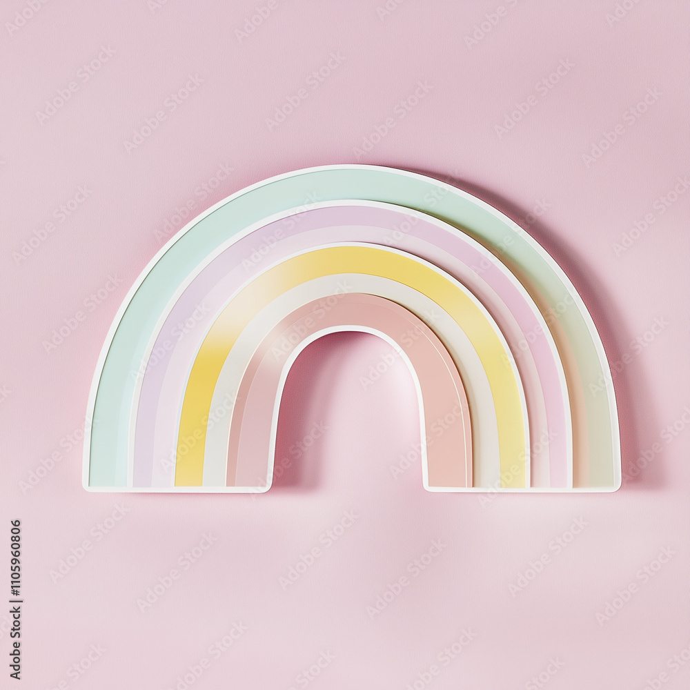Asleek and minimalistic rainbow sticker with a geometric arch design, smooth matte finish, soft pastel colors creating a modern and stylish aesthetic