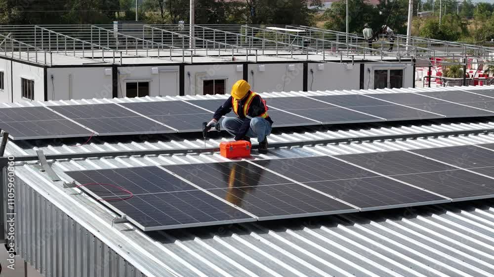 custom made wallpaper toronto digitalTechnician installing solar panels on a rooftop, demonstrating renewable energy solutions for sustainable development, clean energy, and eco-friendly technology in modern infrastructure