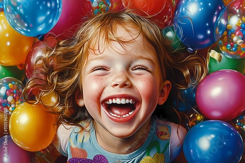 Happy joyful kid laughing against colorful baloons background. Happy childhood. Carefree kids. Raising kids. Kids birthday party. 