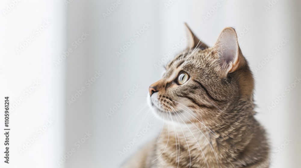 Curious tabby cat gazes towards the light. Curious tabby cat gazes towards the light.