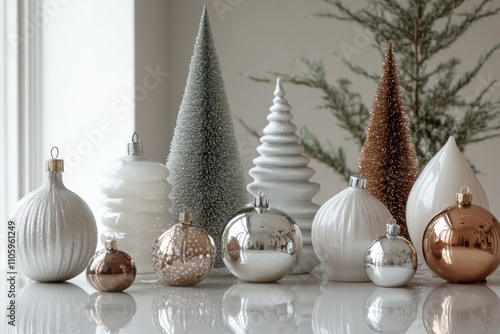 modern holiday decor, sleek christmas ornaments on a white table in a minimalistic interior with neutral tones as backdrop photo