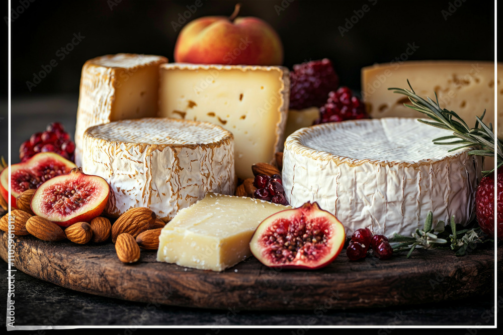 carefully arranged cheese board features various cheeses fresh fruits and nuts artfully displayed rustic wooden platter highlighting rich textures and colors elegant setting. carefully arranged cheese board features various cheeses fresh fruits and nuts artfully displayed rustic wooden platter highlighting rich textures and colors elegant setting.
