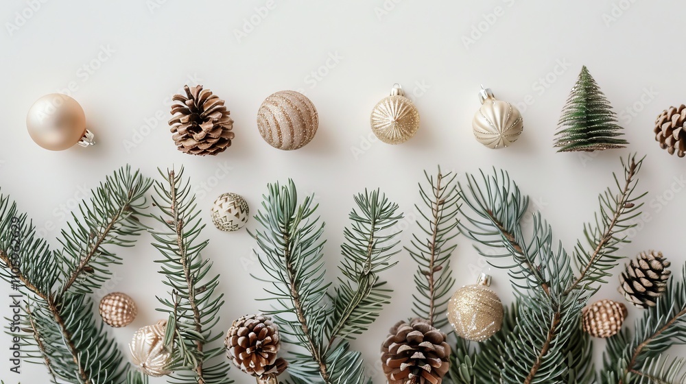 Christmas border background fir branches with gold toys pine cones composition on white background